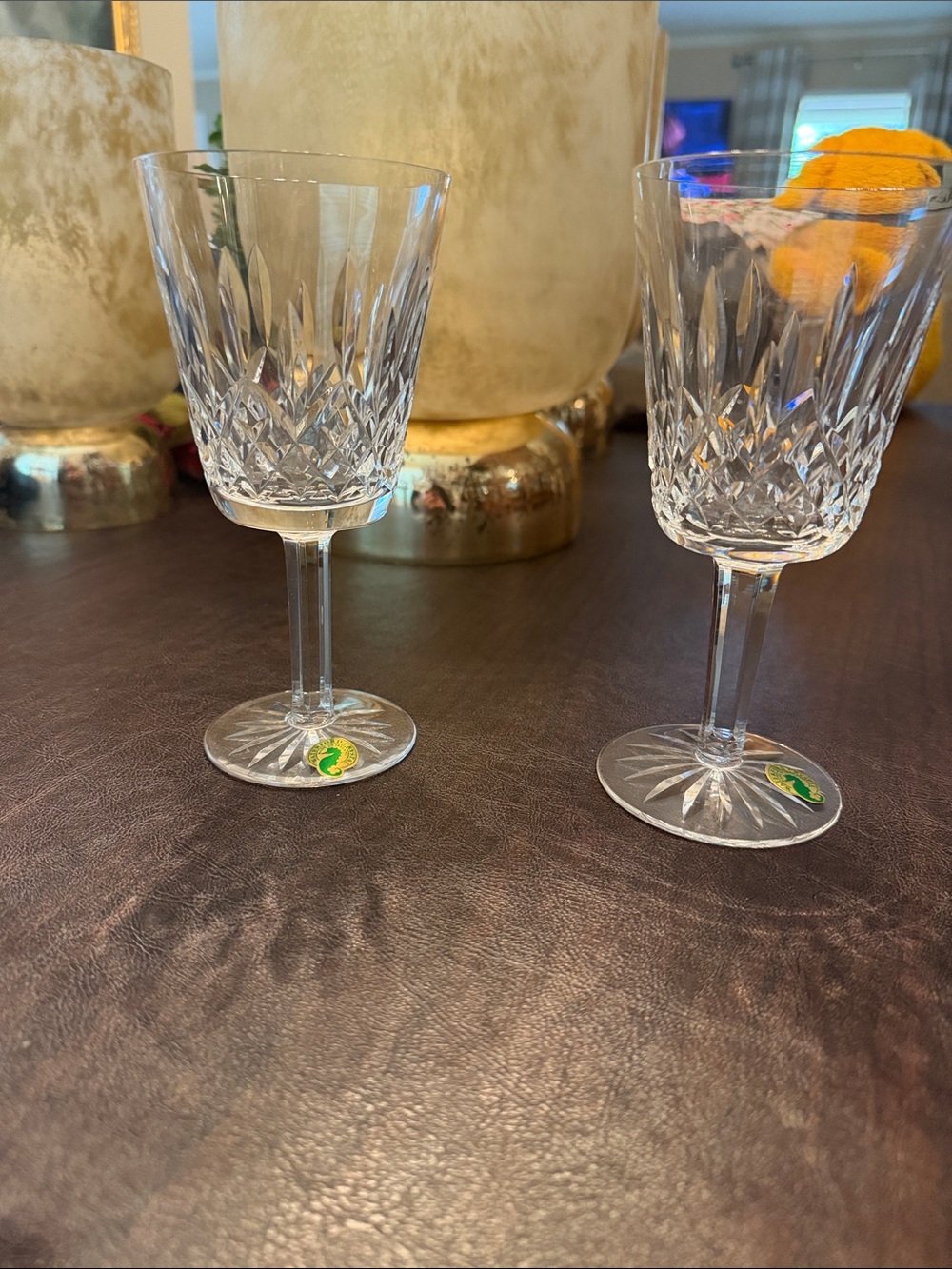 Waterford Crystal Clear Cut Wine Glasses with Green Stickers
